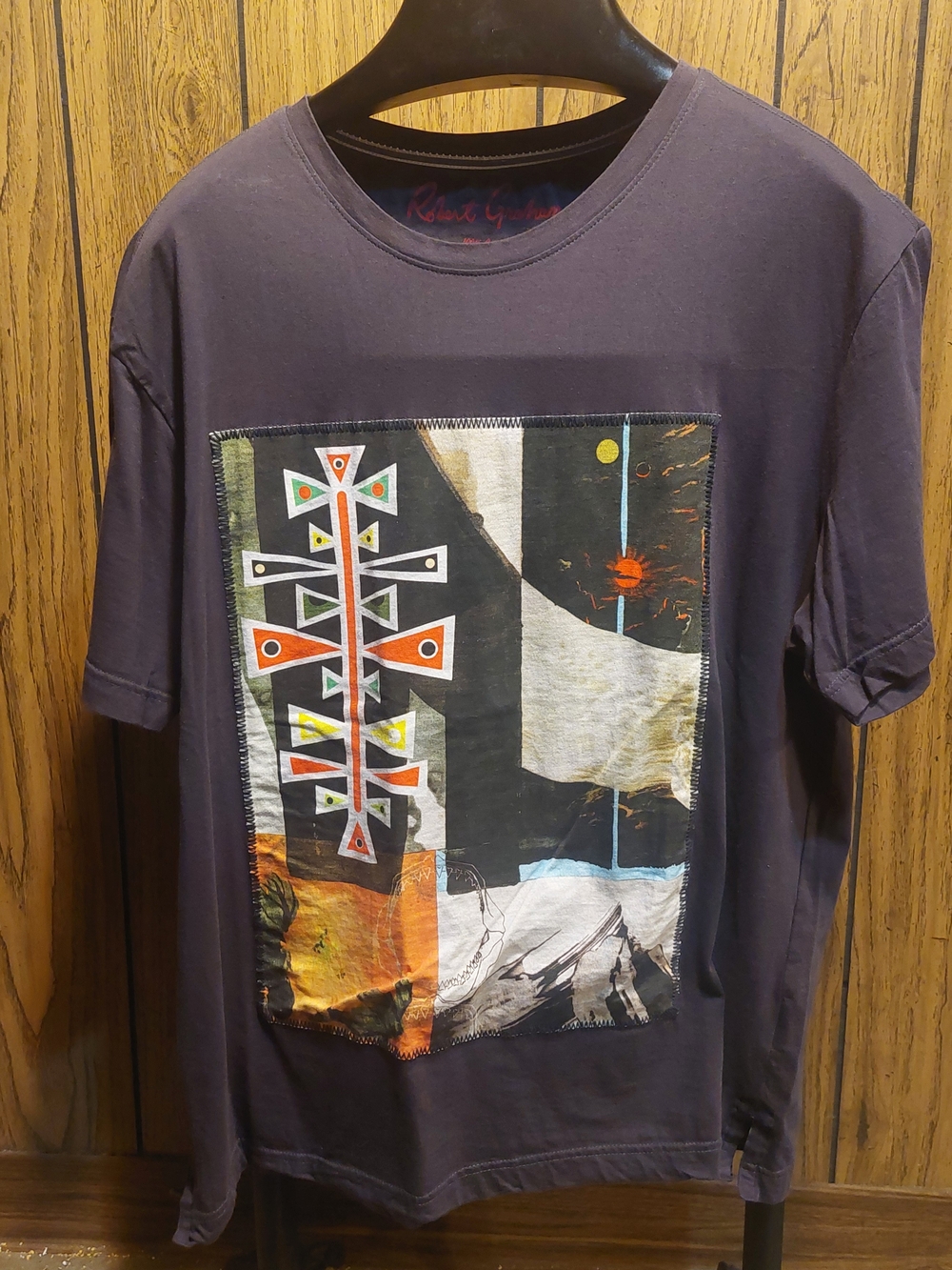 Robert Graham Brown Short Sleeve Tee with Multicolor Graphic Panel 2XL Tailored